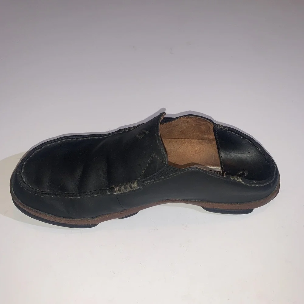 OluKai Moloa Shoes Mens Size 8 Black Leather Slip On Loafers Casual Comfort